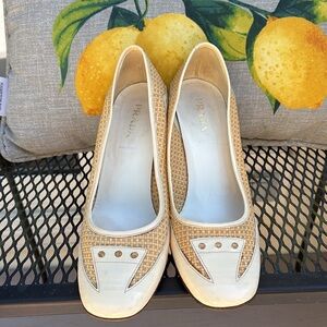 Prada cap toe cream patent and raffia 3” Heels